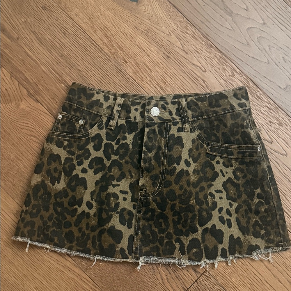 Leopard Print Denim Mini Skirt - Olive & Black